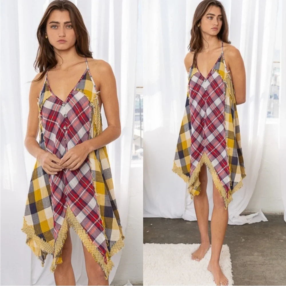 POL Plaid Patchwork Slip Dress - Red, Yellow, Blue - Picture 3 of 6